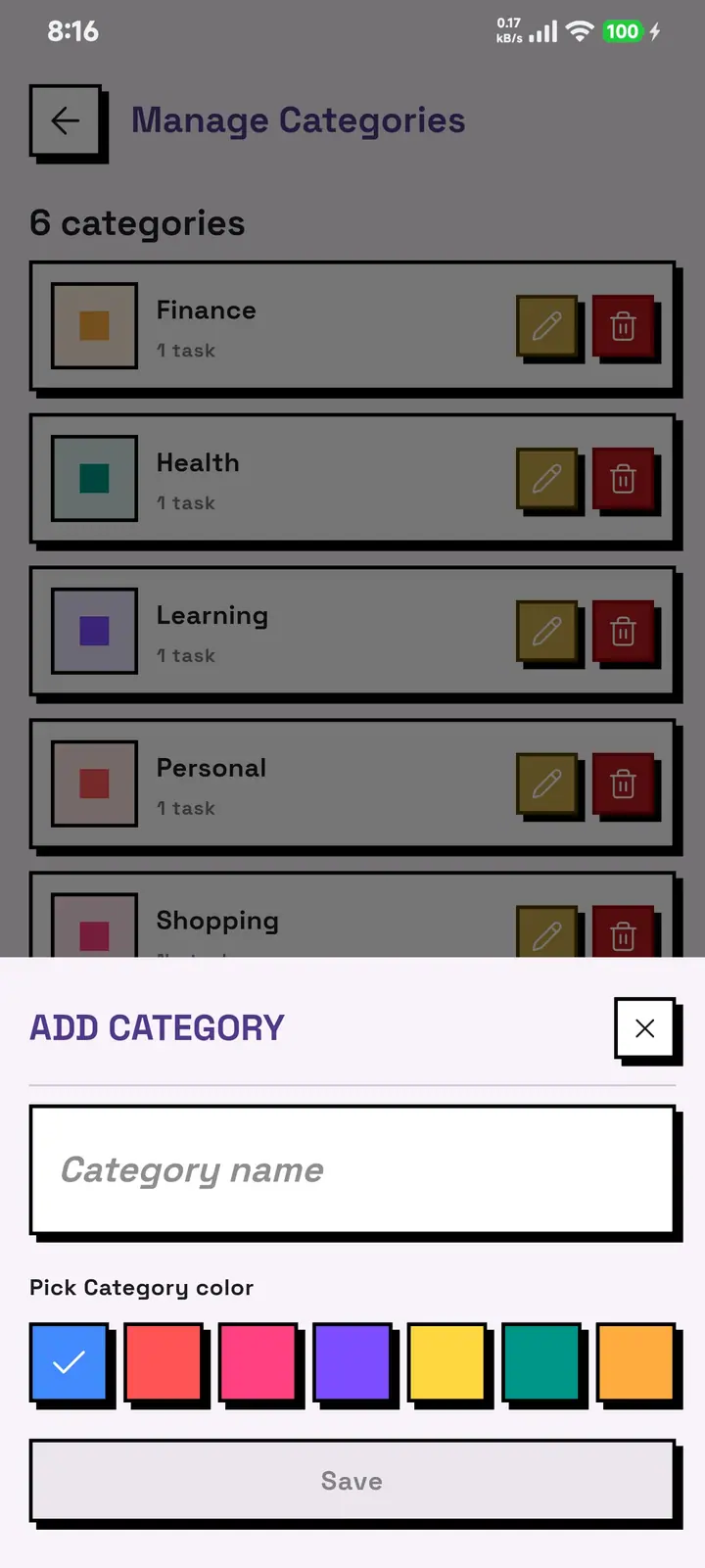 The GridDo category manager with the create-category sheet open and its color picker.