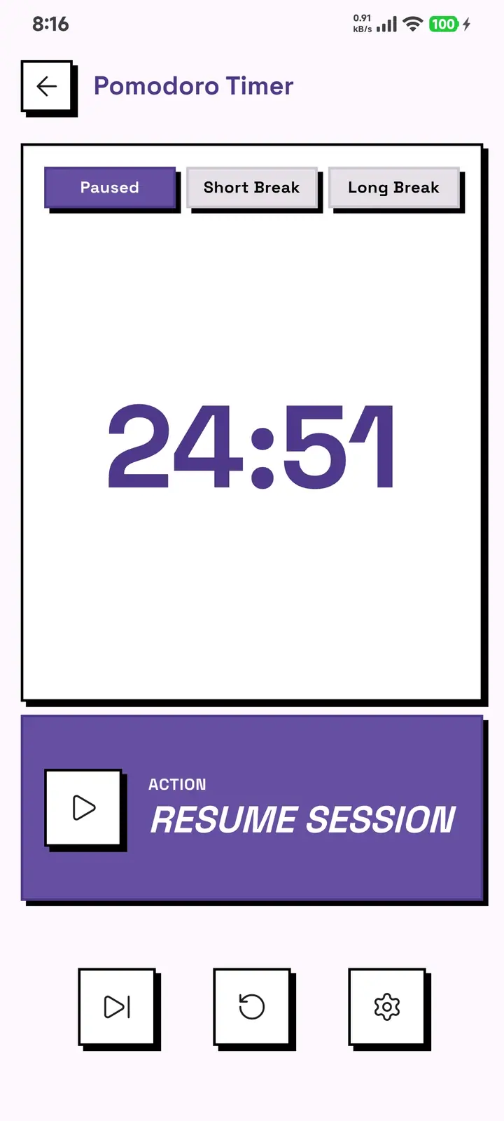 The GridDo Pomodoro timer in a 24 minute 51 second work session, paused, with the resume, skip and settings buttons.