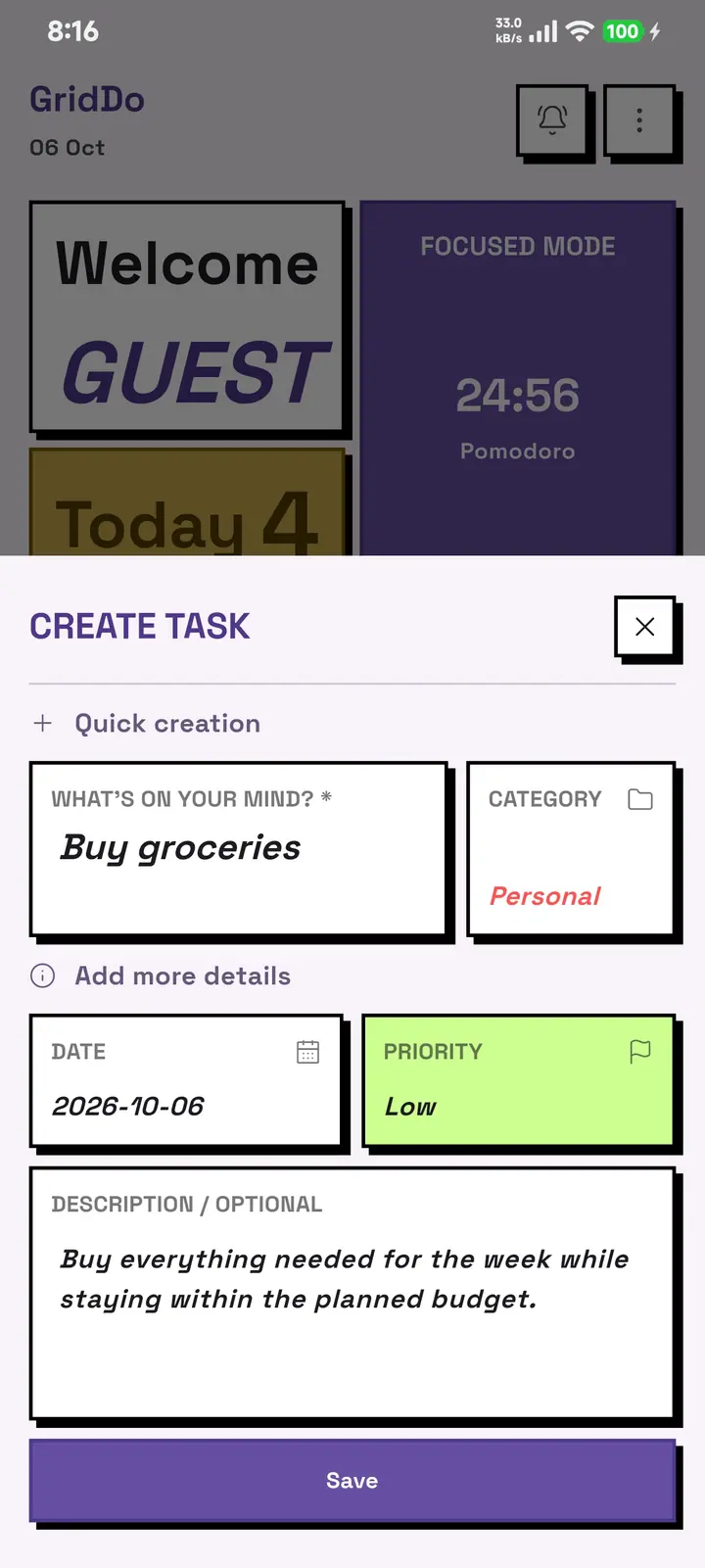 The GridDo create-task sheet with the text field, the category, the due date, the priority and the save button.