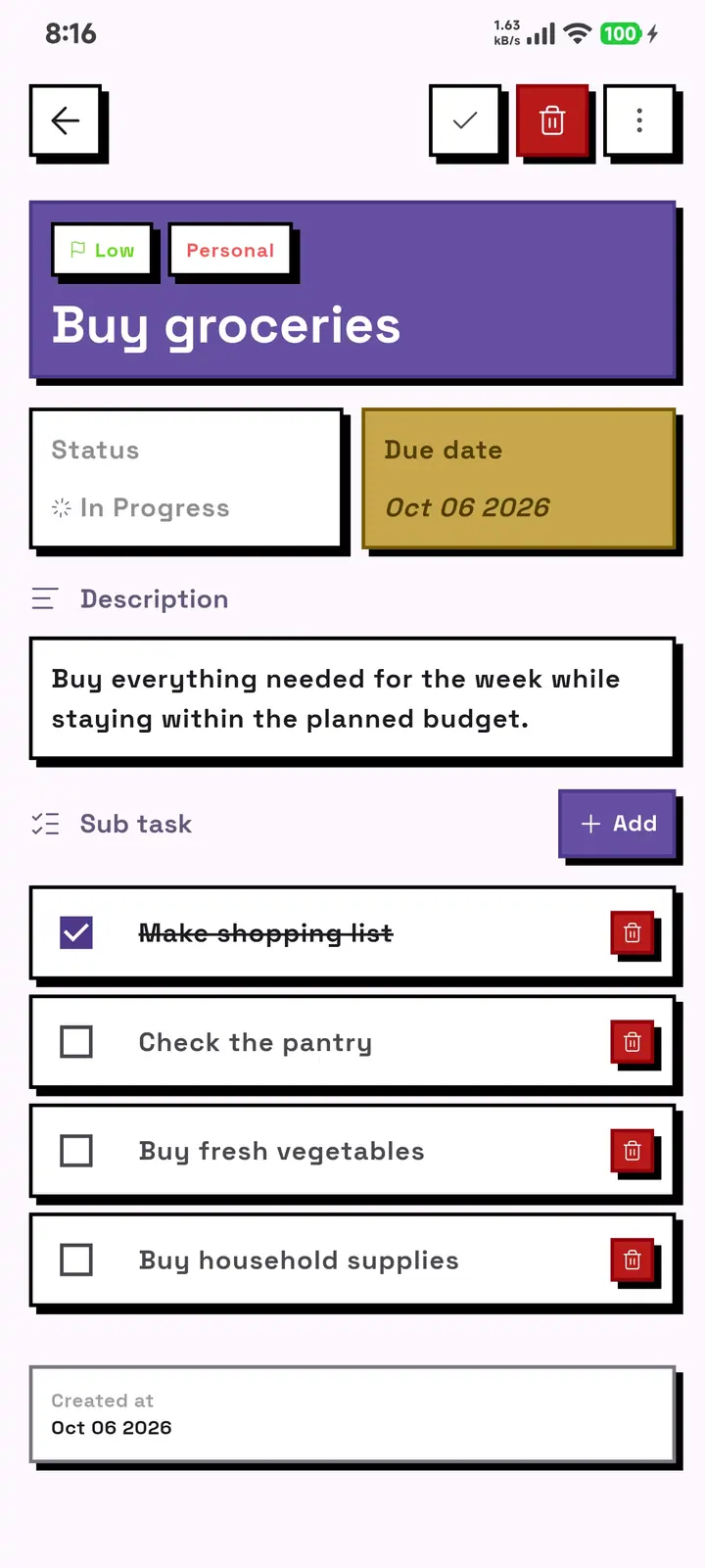 A GridDo task detail with priority, due date, description and the list of subtasks.