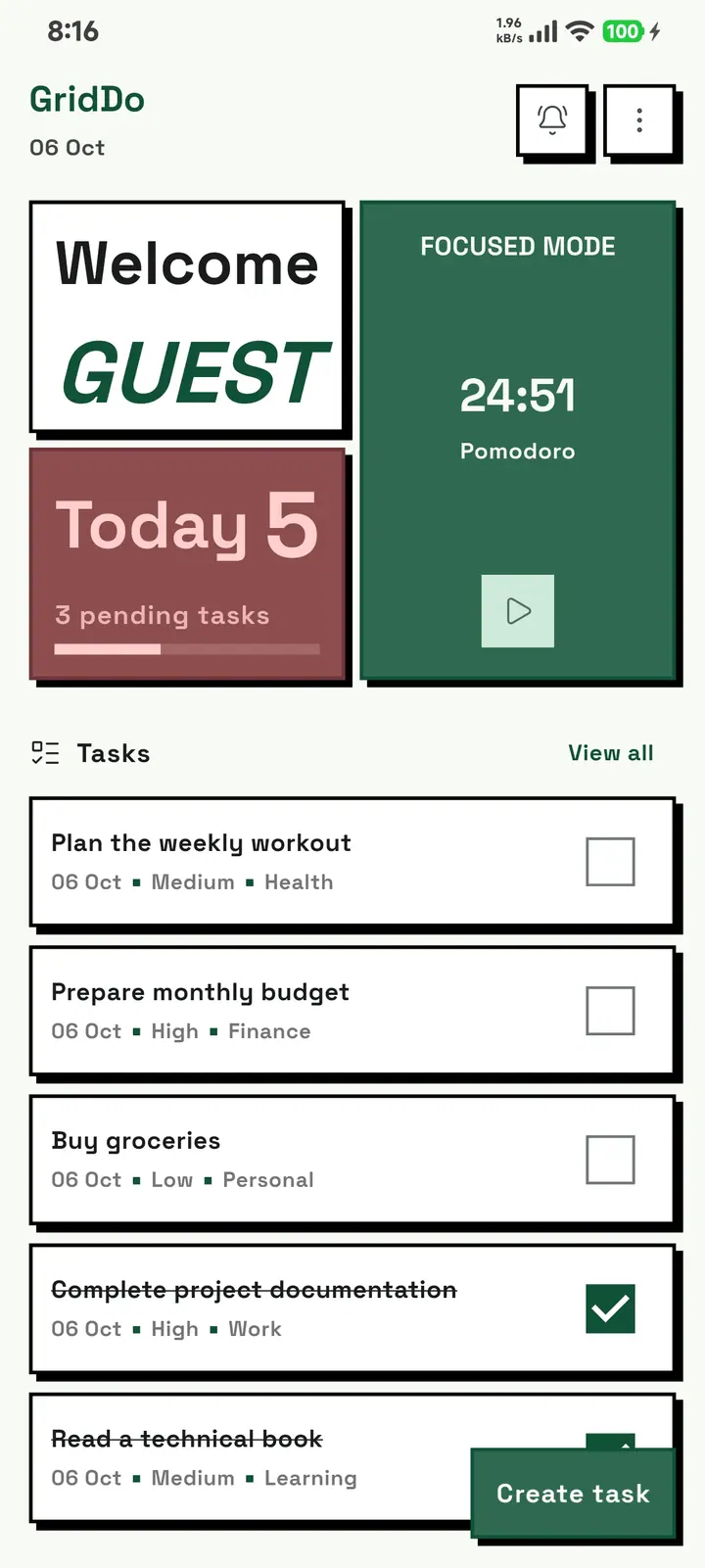 The GridDo home screen with the green color theme.