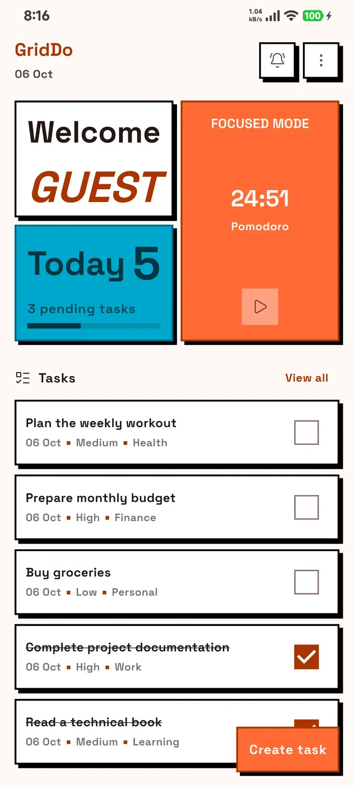 The GridDo home screen with the orange color theme.
