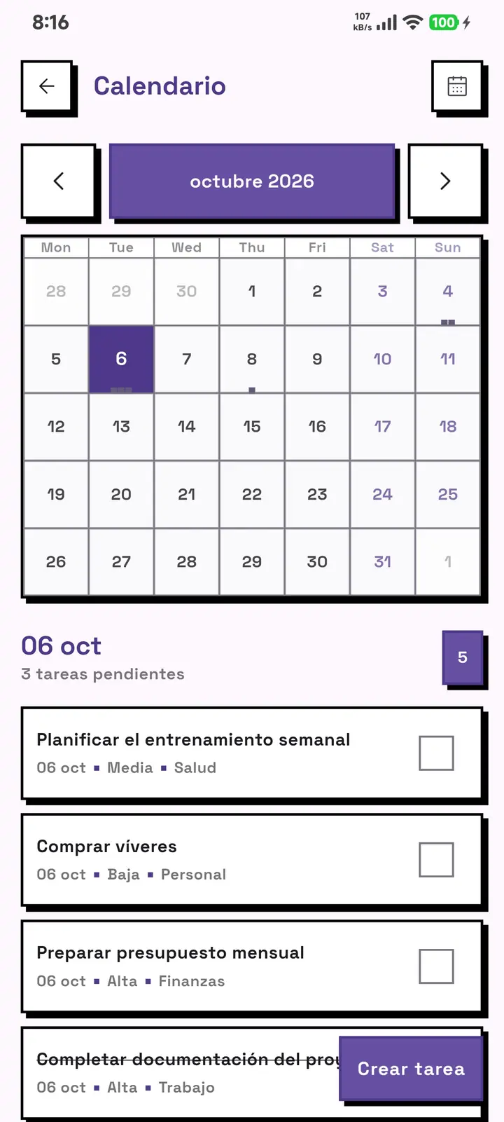 Pantalla del calendario de GridDo con el mes highlightado y las tareas del día seleccionado.