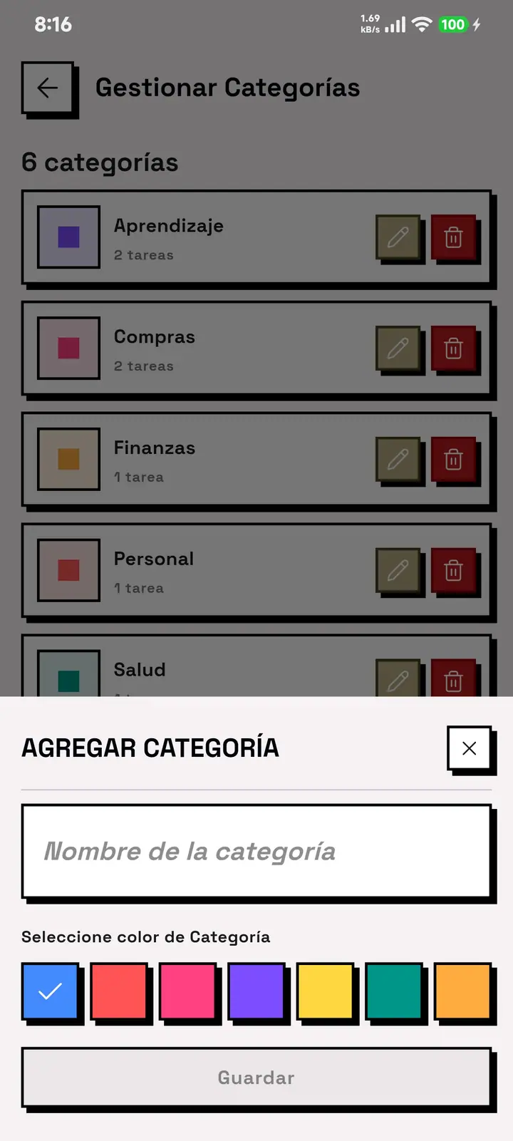 Pantalla de gestión de categorías de GridDo con la hoja de creación de una categoría nueva y su selector de color.