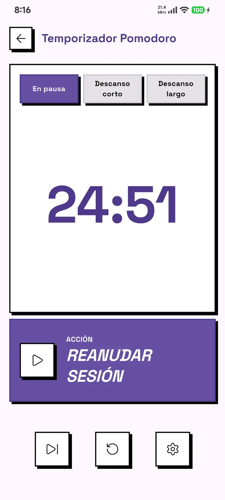 Temporizador Pomodoro de GridDo en una sesión de trabajo de 24 minutos y 51 segundos en pausa, con los botones de reanudar, omitir y ajustes.