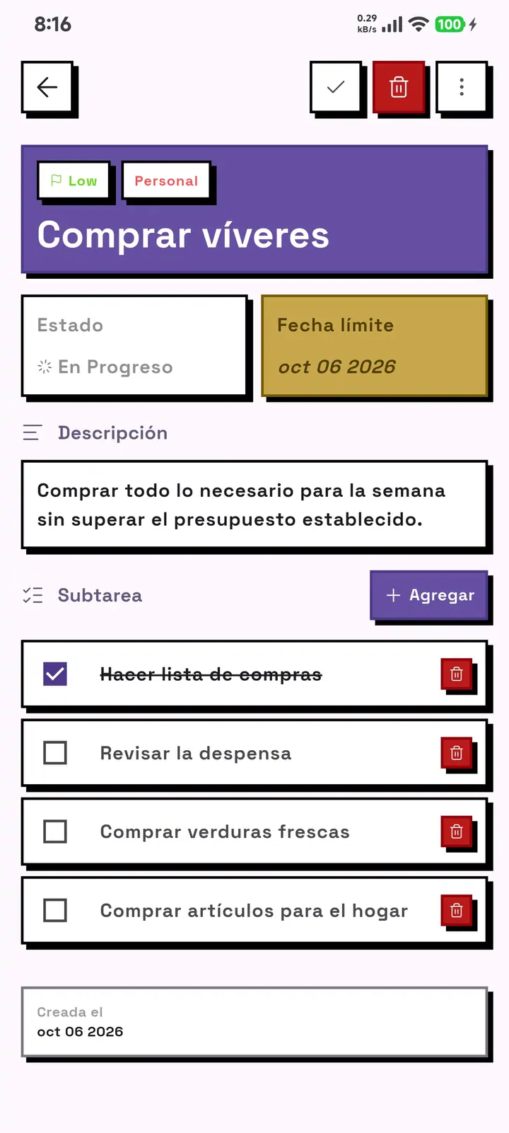 Detalle de una tarea de GridDo con prioridad, fecha límite, descripción y la lista de subtareas.