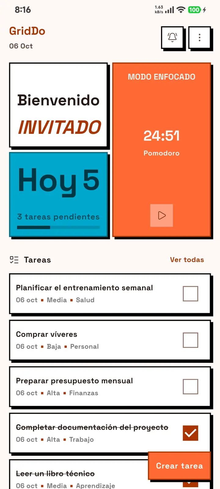 Pantalla de inicio de GridDo con el tema de color naranja.