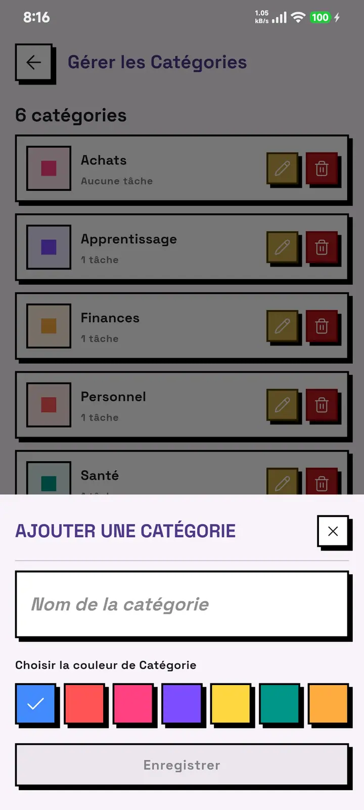 L'écran de gestion des catégories de GridDo avec la feuille de création d'une catégorie et son sélecteur de couleur.