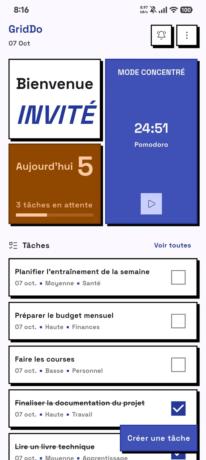 Pantalla de inicio de GridDo en francés.