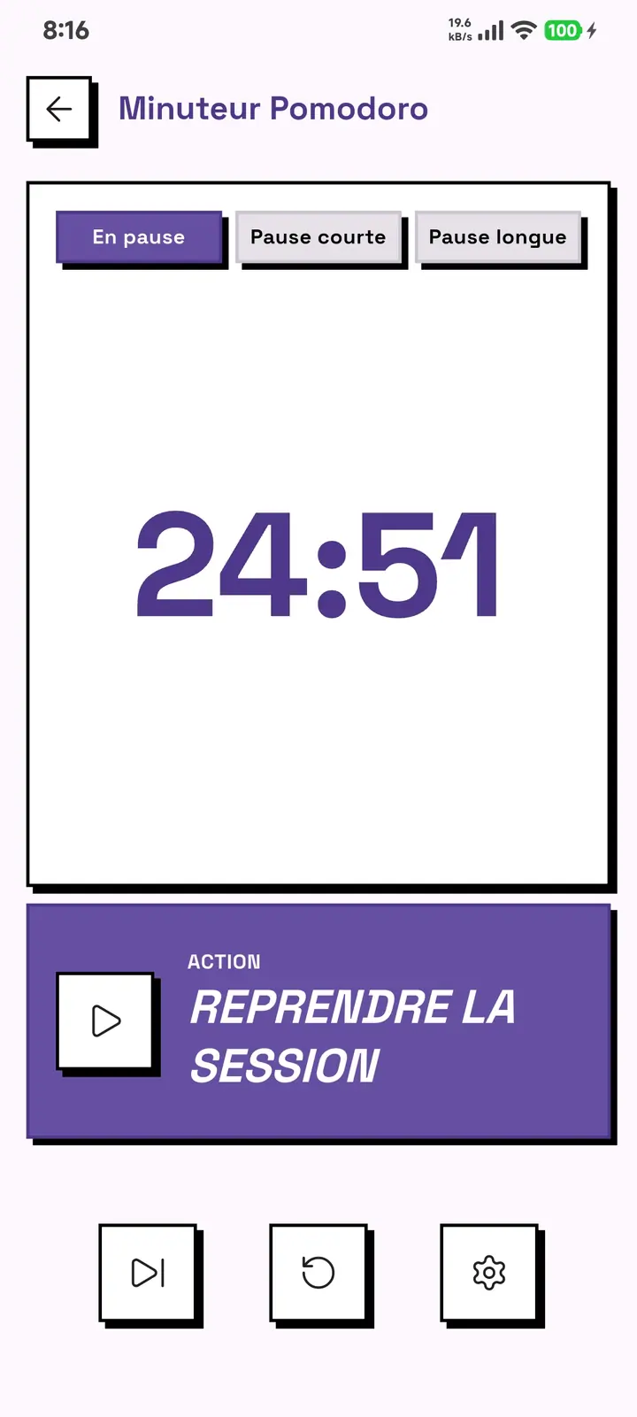 Le minuteur Pomodoro de GridDo sur une session de travail de 24 minutes et 51 secondes, en pause, avec les boutons reprendre, passer et réglages.
