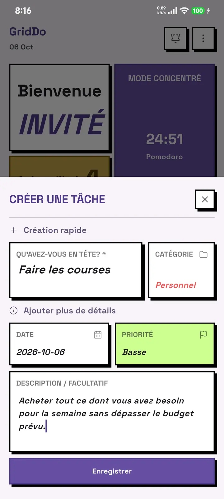 La feuille de création de tâche de GridDo avec le champ de texte, la catégorie, la date limite, la priorité et le bouton d'enregistrement.