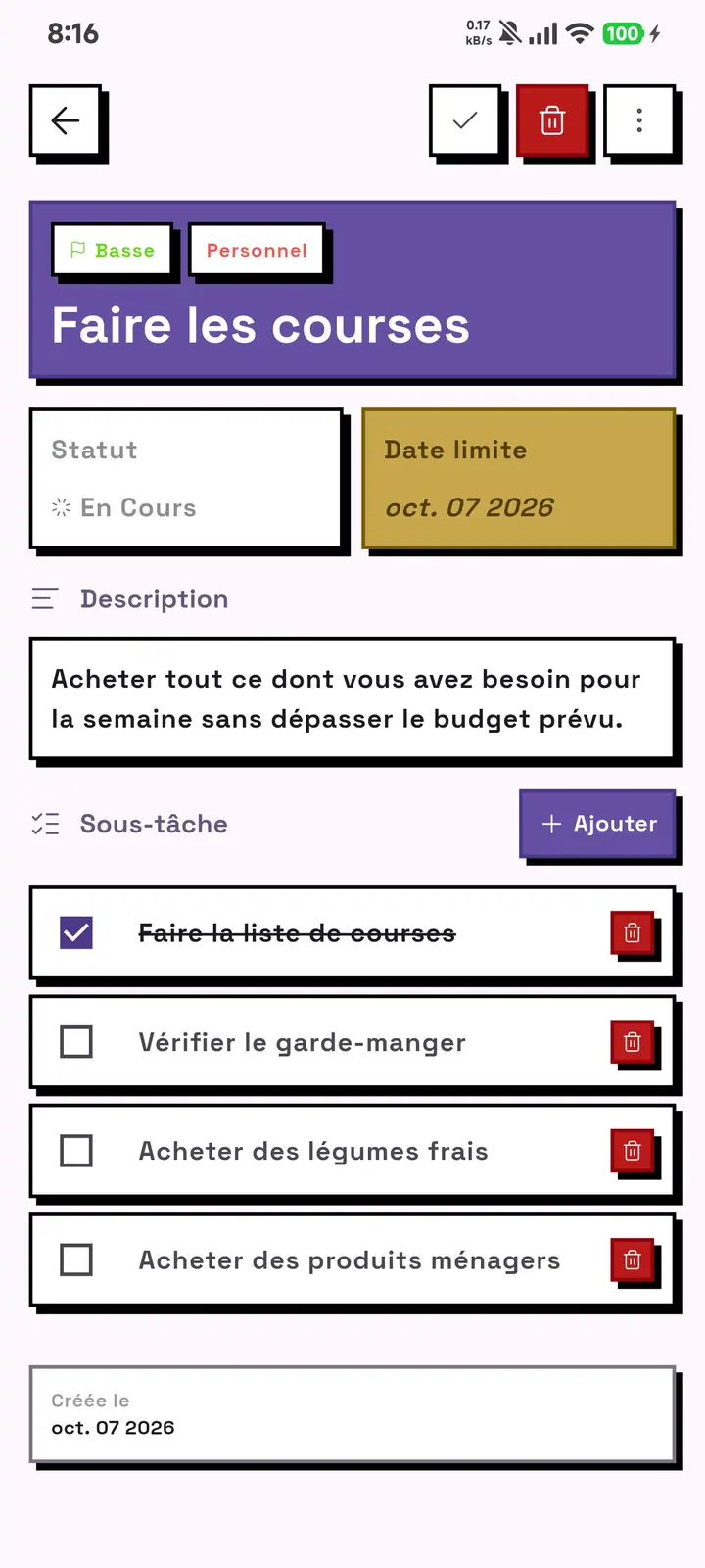 Le détail d'une tâche GridDo avec priorité, date limite, description et liste des sous-tâches.