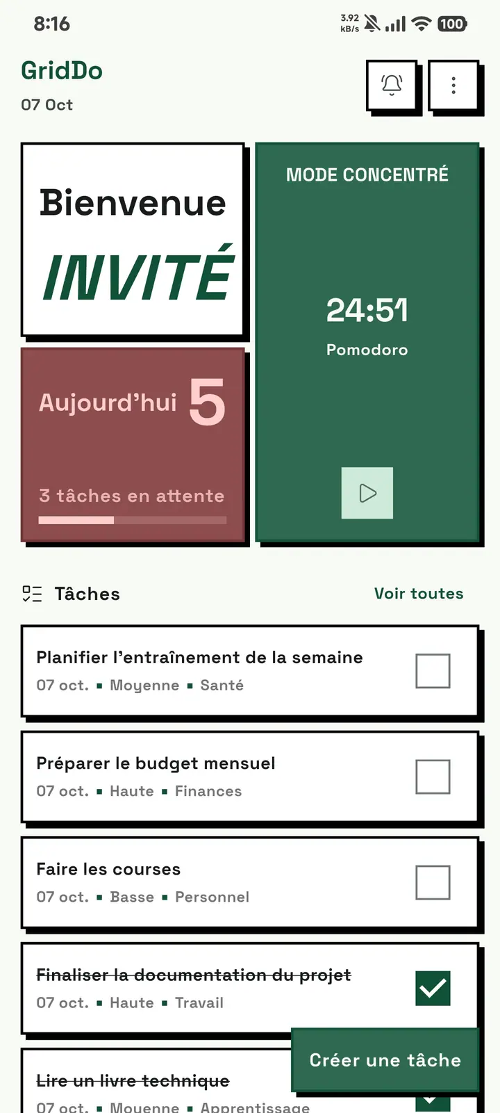 L'écran d'accueil de GridDo avec le thème vert.