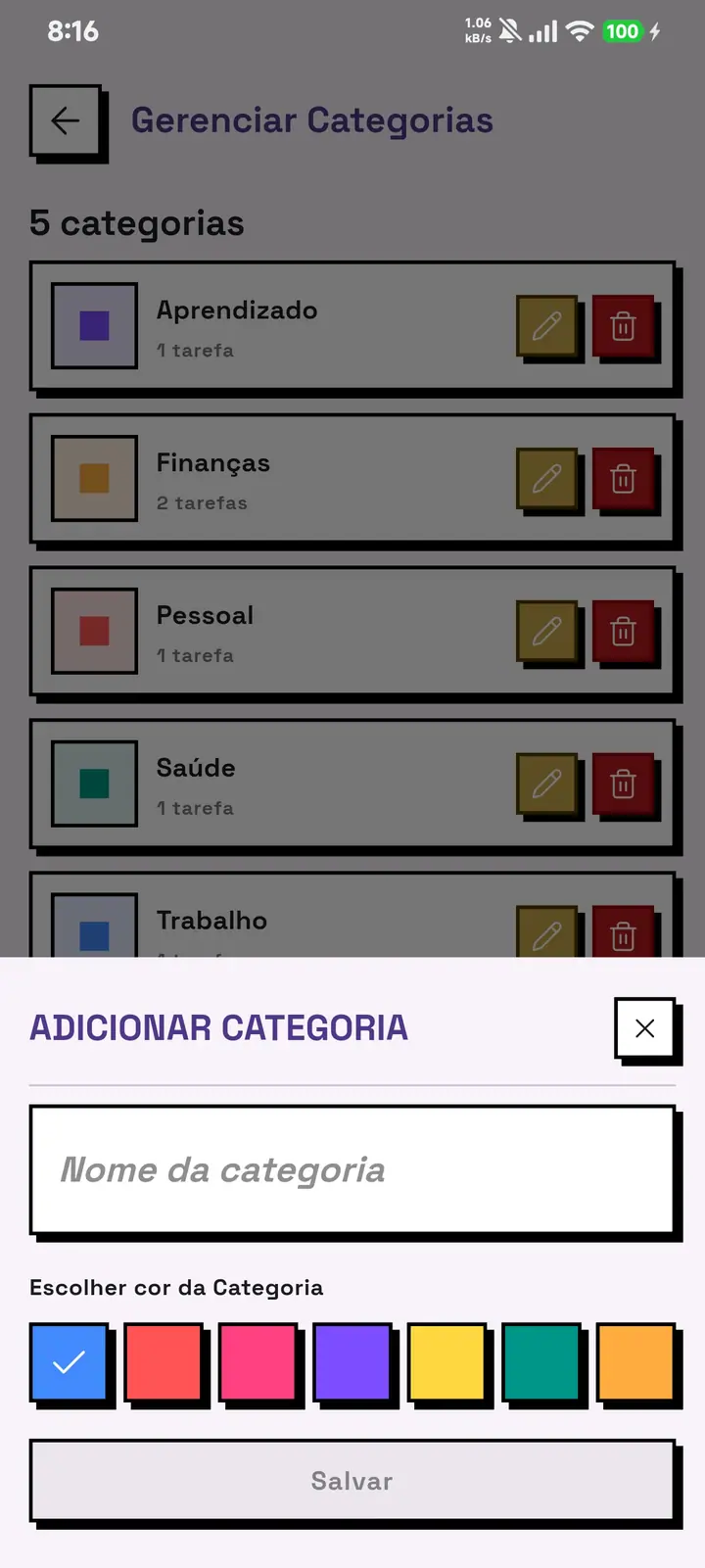 A tela de gestão de categorias do GridDo com a folha de criação de categoria e o seletor de cor.