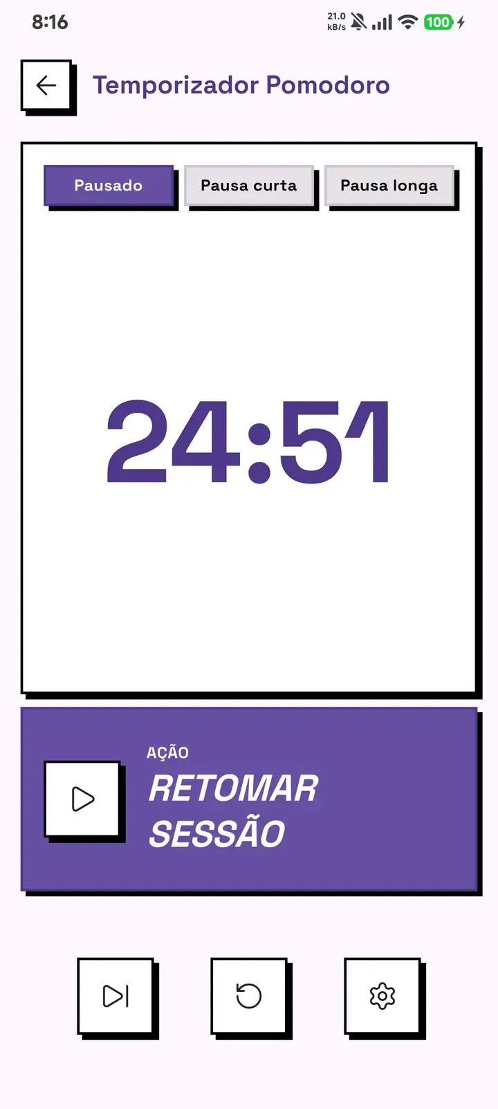 O cronômetro Pomodoro do GridDo numa sessão de trabalho de 24 minutos e 51 segundos, em pausa, com os botões de retomar, avançar e ajustes.