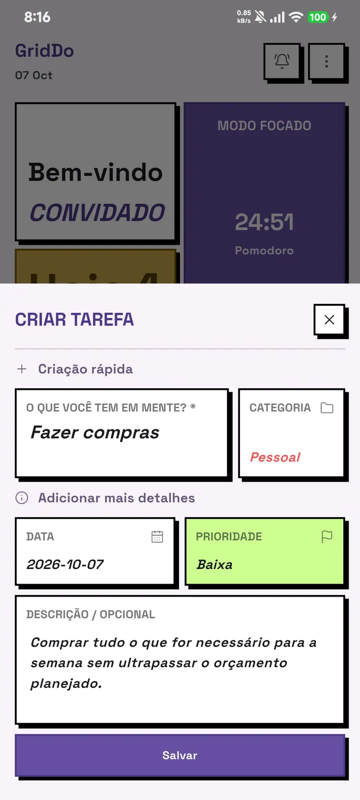 A folha de criação de tarefa do GridDo com o campo de texto, a categoria, a data limite, a prioridade e o botão de salvar.
