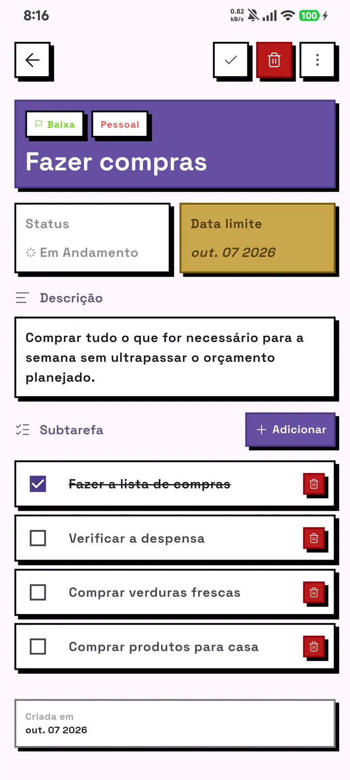 O detalhe de uma tarefa do GridDo com prioridade, data limite, descrição e a lista de subtarefas.
