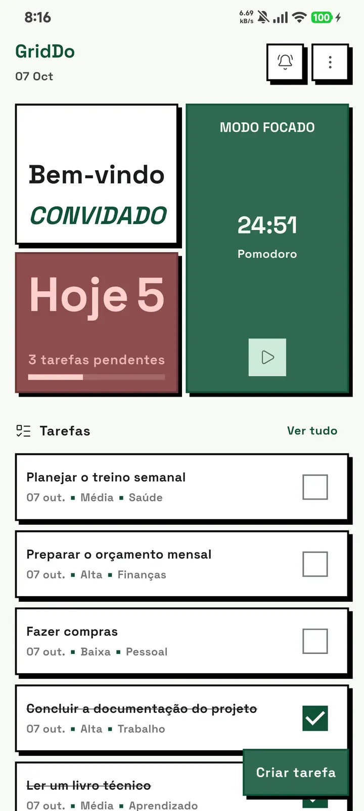 A tela inicial do GridDo com o tema de cor verde.