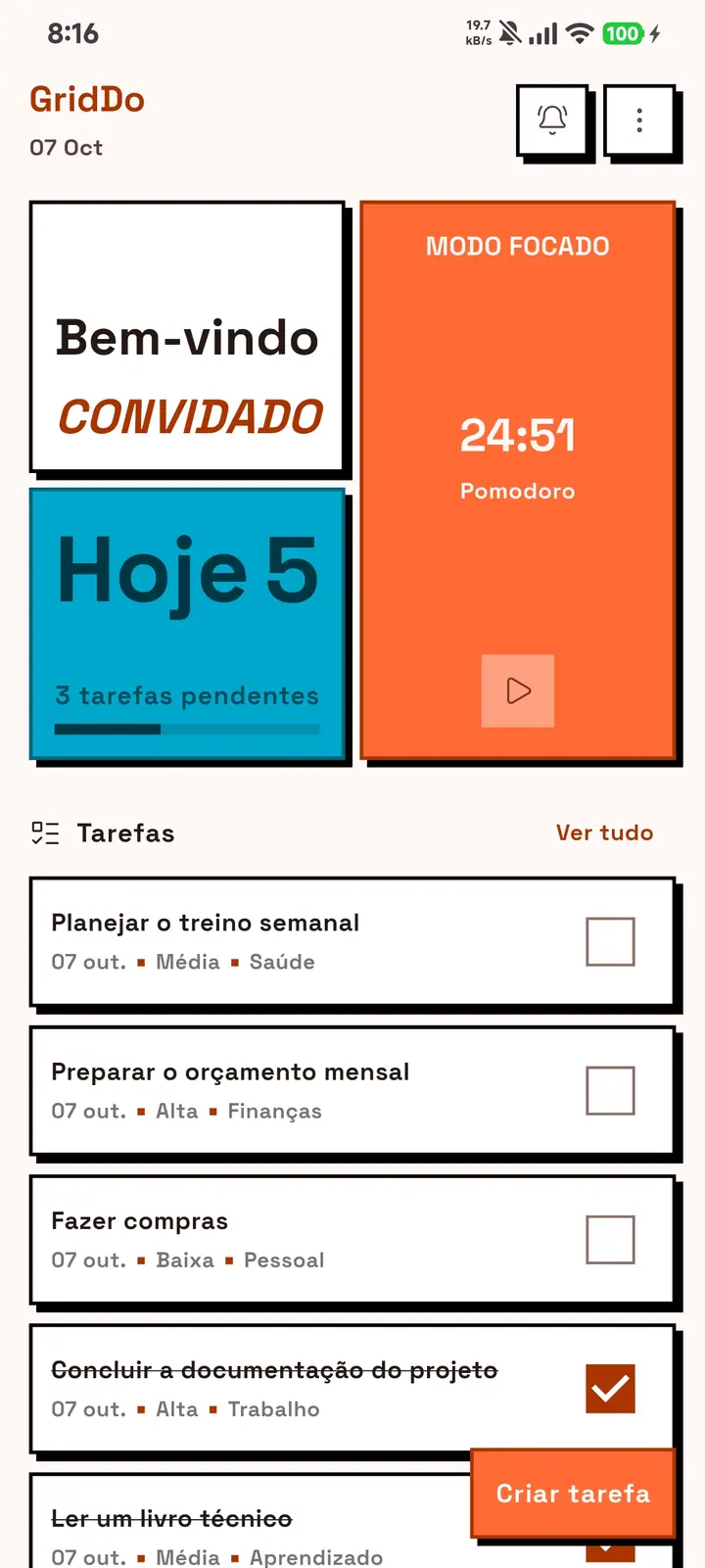 A tela inicial do GridDo com o tema de cor laranja.